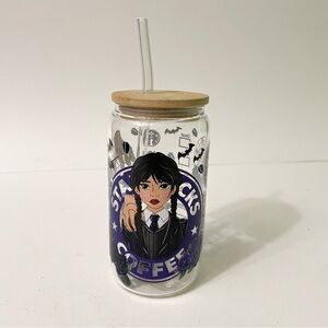Custom Wednesday Addams Clear Glass Tumbler with Lid and Straw